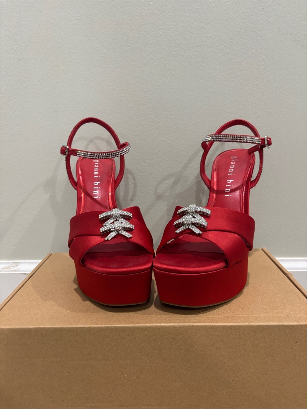 Gianni Bini Red Satin Platform Sandals with Rhinestone Straps